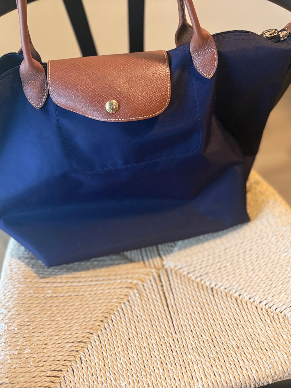 Longchamp Le Pliage Shopping Tote Purple Plum Nylon Large - Brown Leather - Picture 13 of 13